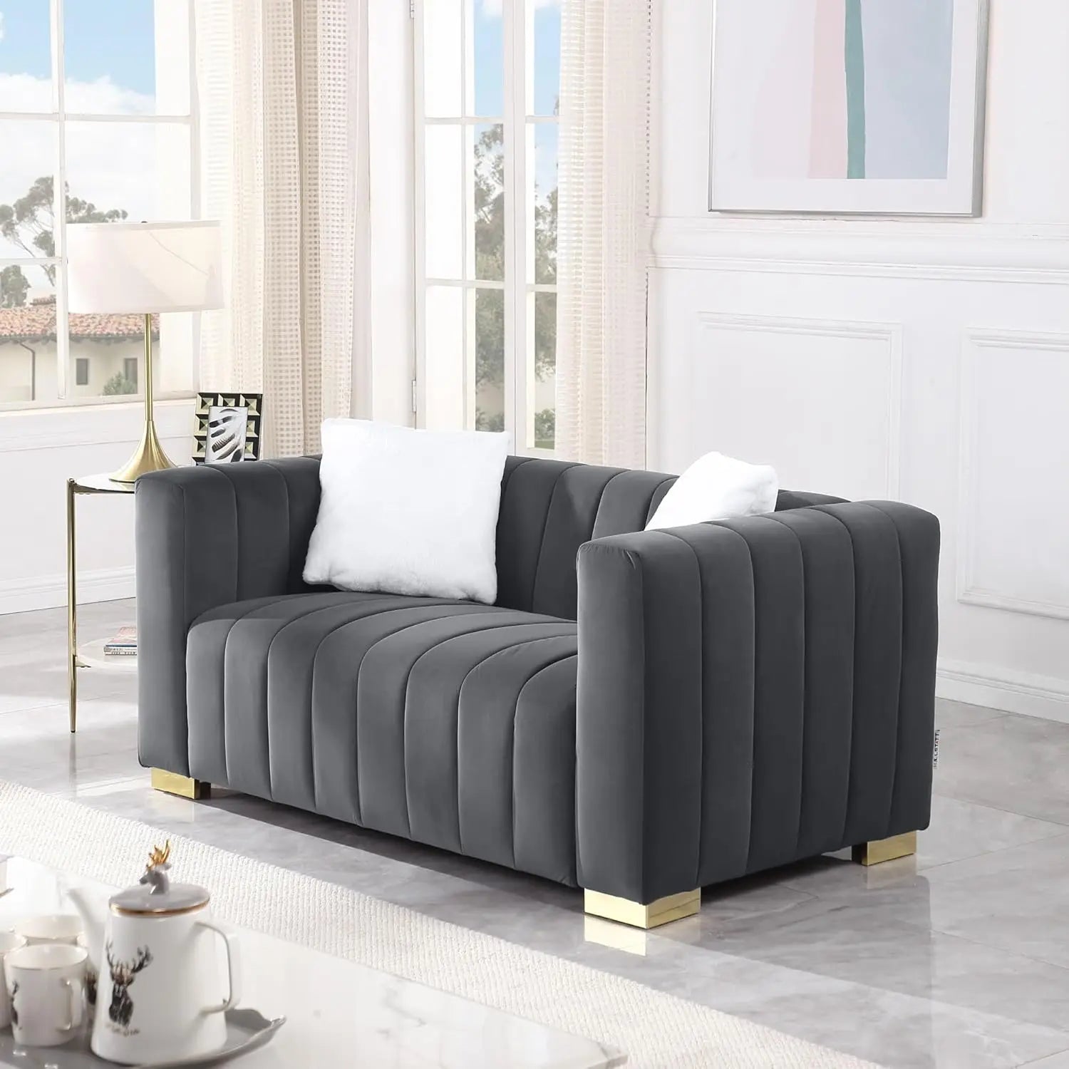 63'' Velvet 2-Seater Loveseat Metal Base Legs 2 Pillows