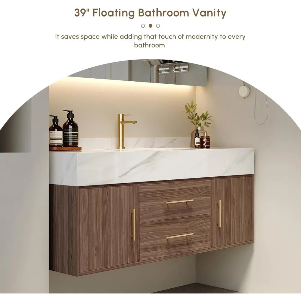 Floating Vanity, Sintered Stone Sink, 2 Drawers, 2 Walnut Doors