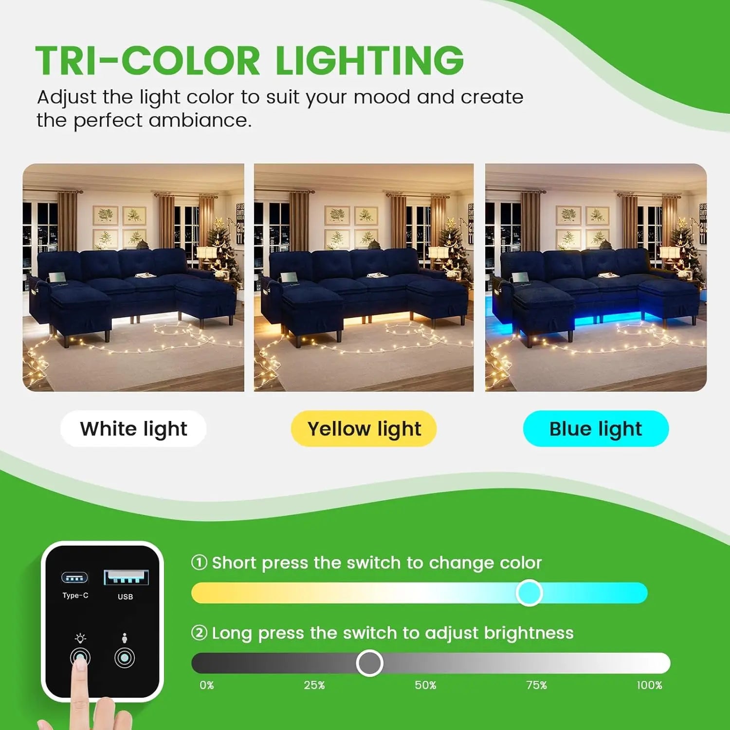 U/L Shaped 4-Seat Sectional Sofa USB Charging LED Storage Ottoman