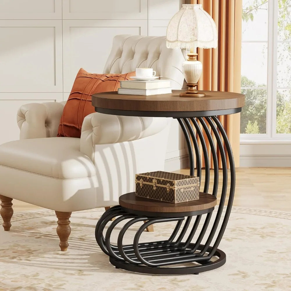 Round End Side Table:   2 Tiers Shelves, Vintage End Table