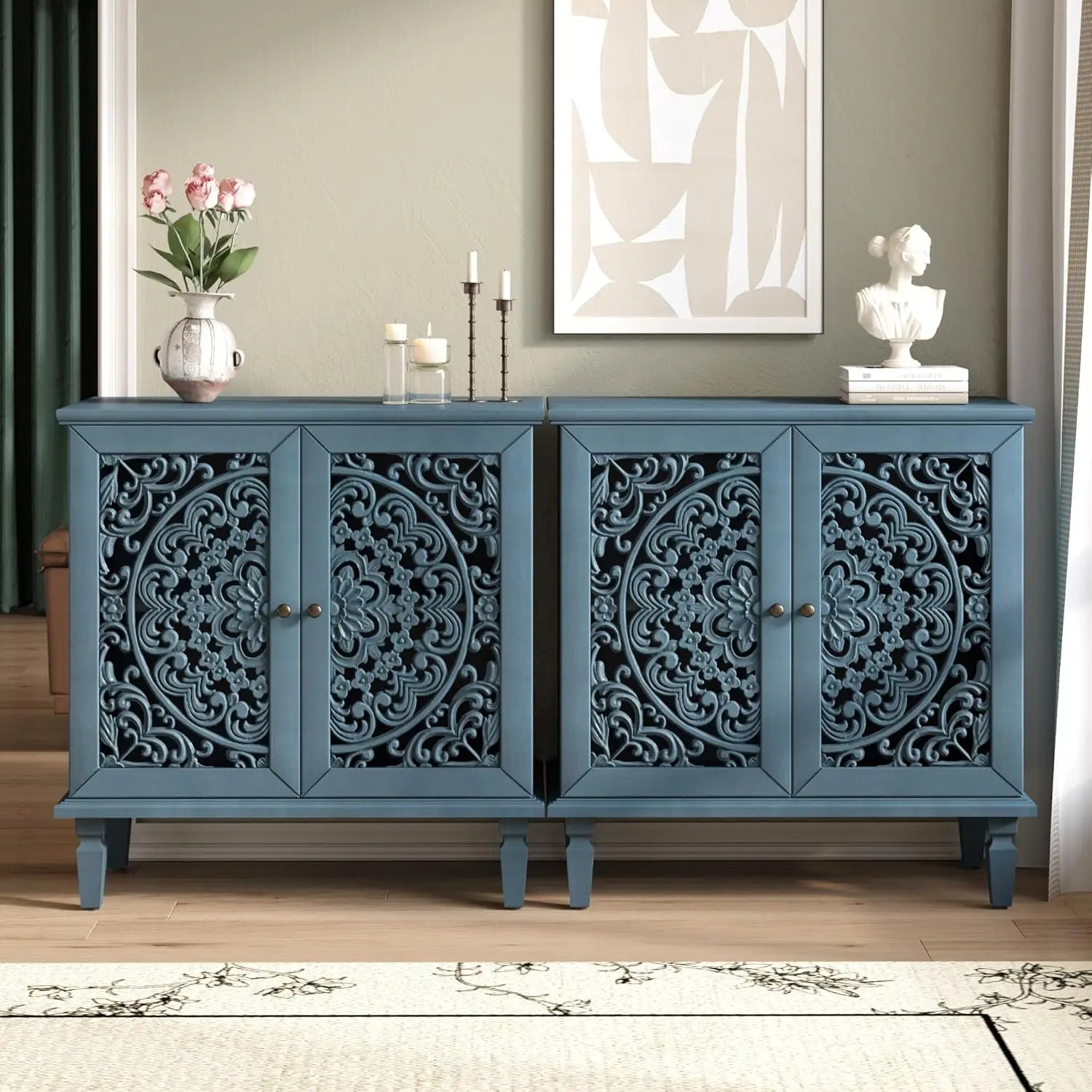 60" Blue Sideboard Buffet 4-Door Hollow Storage Shelf Vintage Console