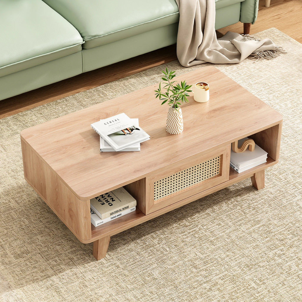Mid Century Coffee Table, Rattan Drawer, Wood Storage Table