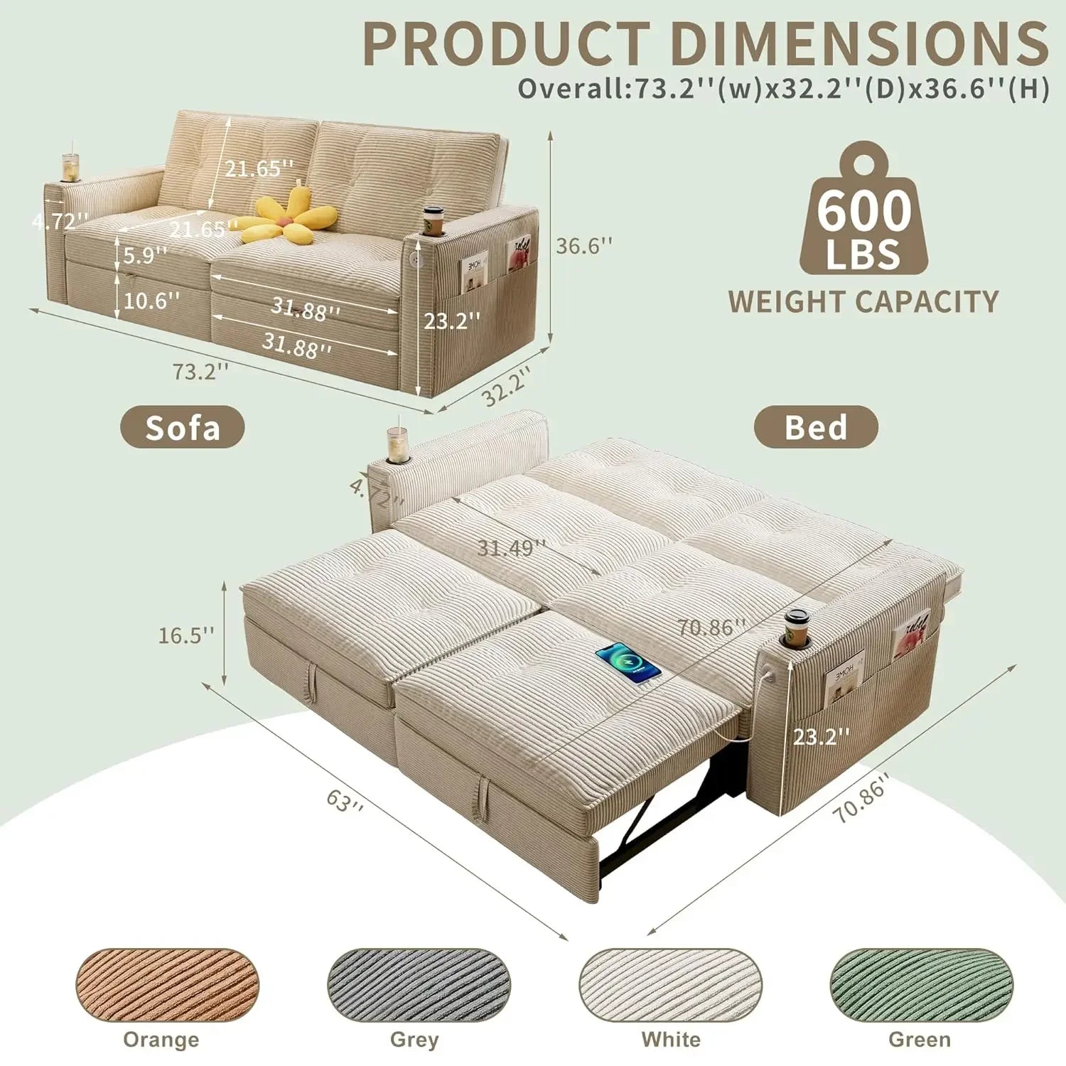 73" 2-Seater Queen Size Loveseat Sleeper Sofa, Pull Out Bed, USB