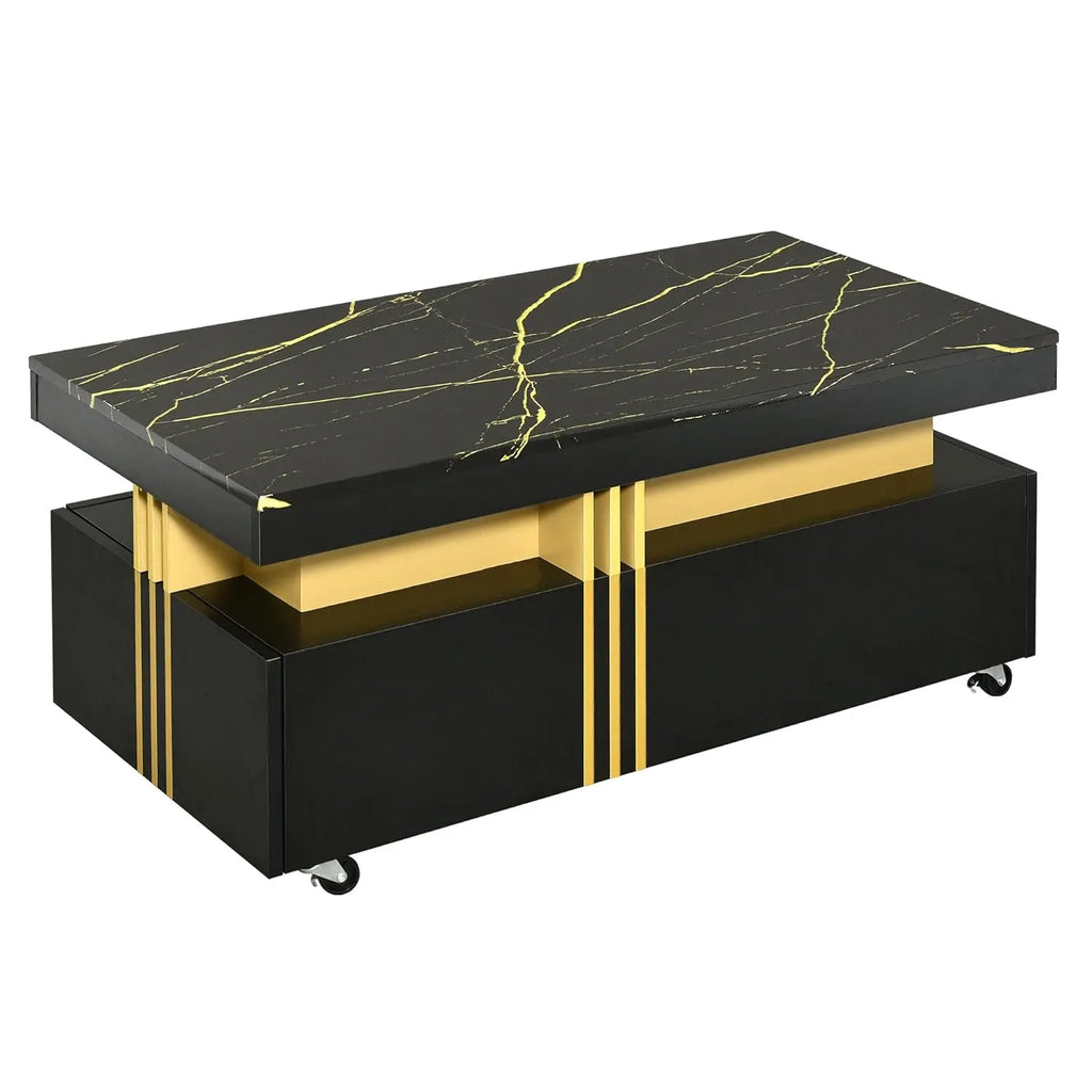 Coffee Table, Faux Marble Top, Rectangular with Caster Wheels.