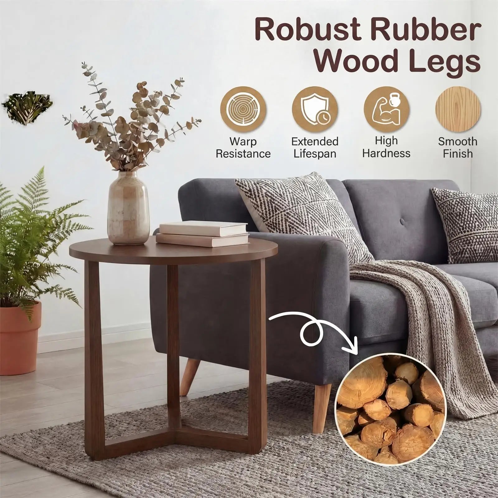 Round Side Table w/ Sturdy Rubber Wood Legs & Triangular Structure