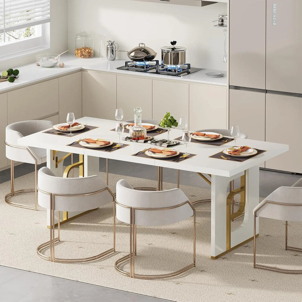 71'' Dining Table Seats 6-8, Metal Legs, Beige Gold, Black