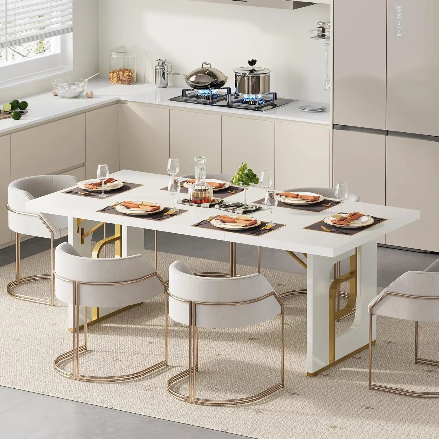 71'' Dining Table Seats 6-8, Metal Legs, Beige Gold, Black