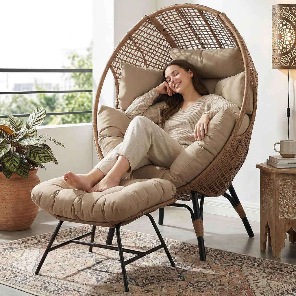 Indoor Outdoor Egg Chair Ottoman Thick Cushioned Lounge 440lbs