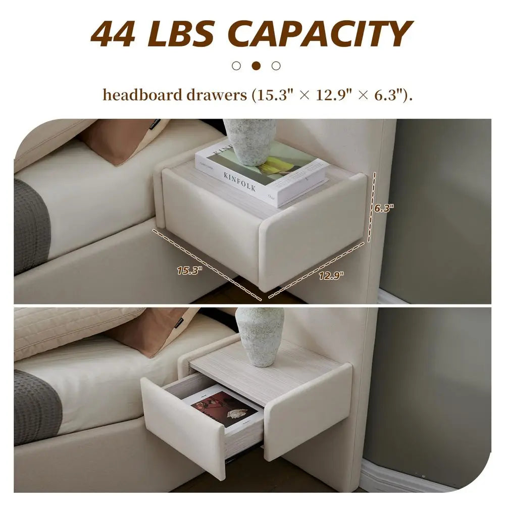 Velvet Headboard, Platform Bed Frame, Lift-Up Storage, Built-in Nightstands, No Box Spring Needed