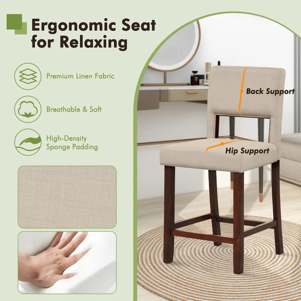 2 - Linen 24.5IN Counter Height Chairs, Hollowed Backs, Rubber Wood Legs