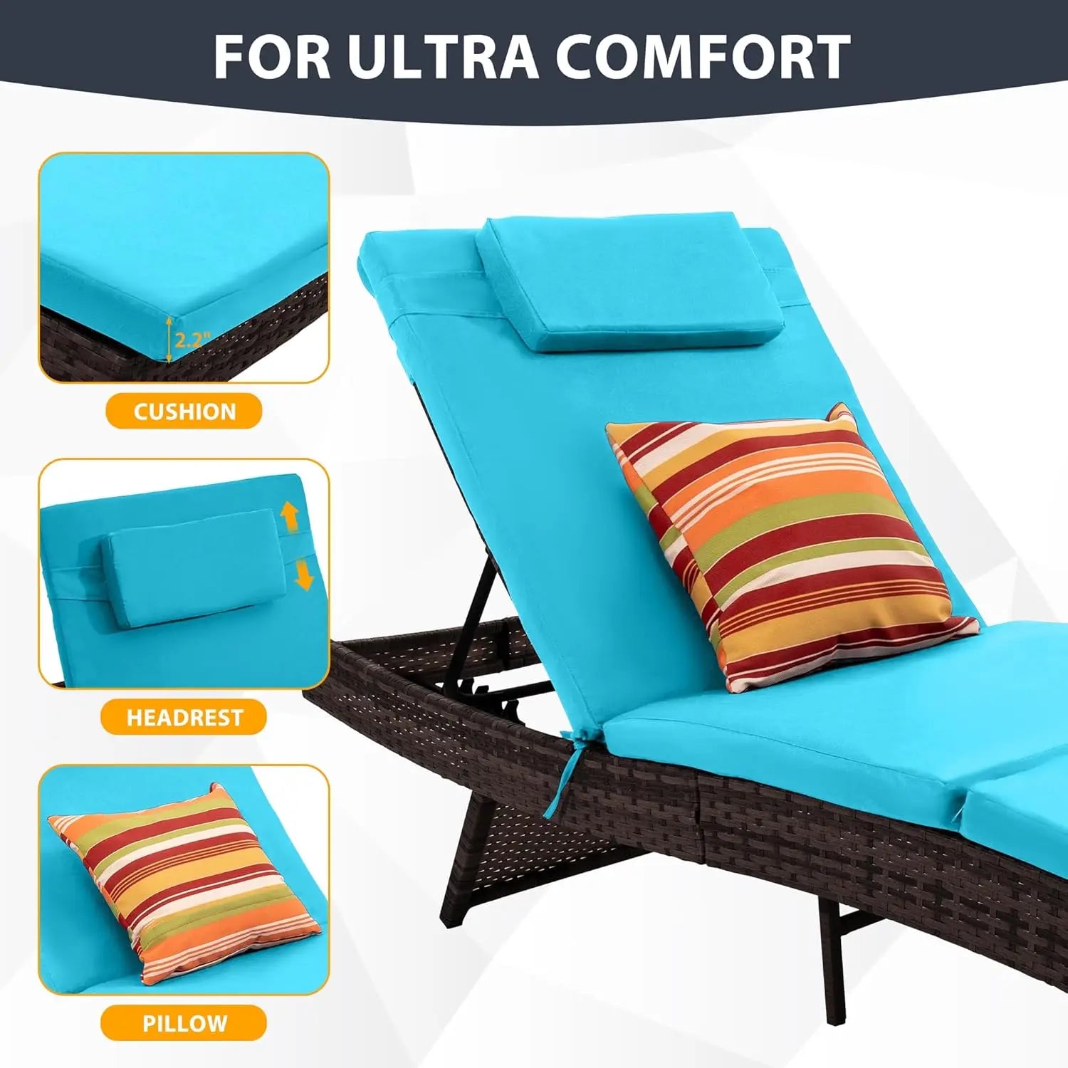 2 Chaise Wicker Patio Lounge Chairs, Adjustable Recliner Cushions & Pillows
