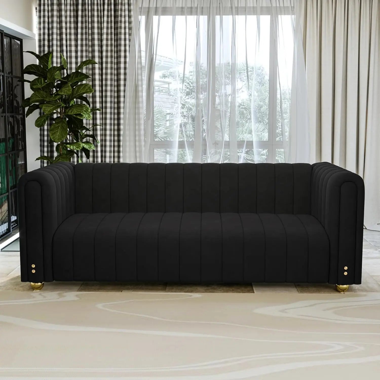 Velvet Chesterfield, Black 82" Sofa, Gold Metal Legs