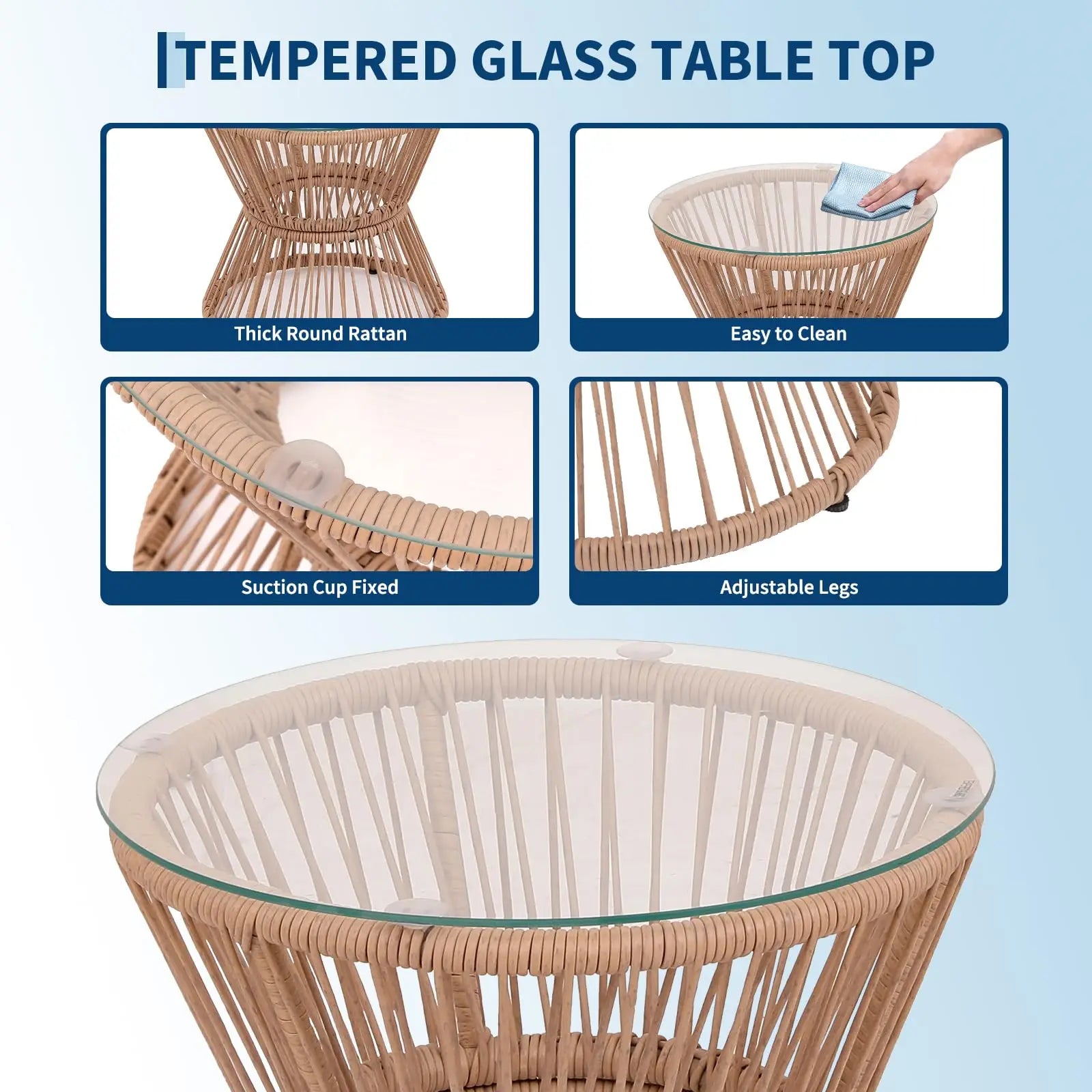 3PCS Patio Set PE Rattan Bistro Set-2 Wide Cushioned Chairs Glass Table