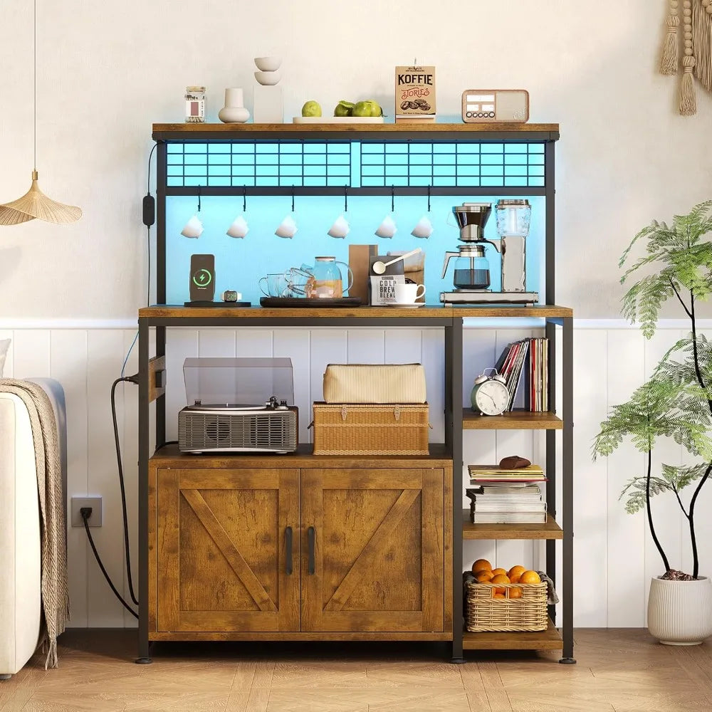 Bakers Rack, Power Outlet, LED Light, Storage Cabinet, Coffee Bar .