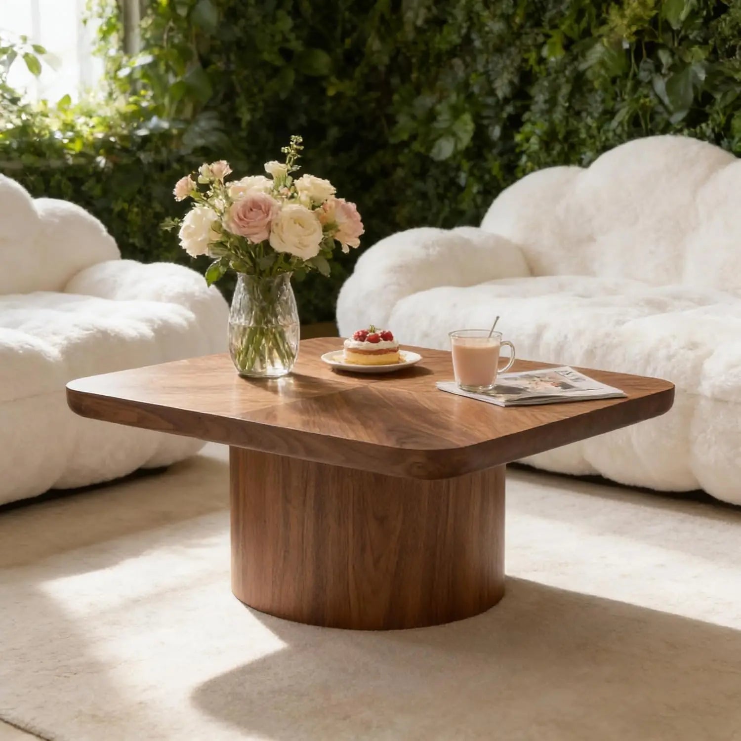 Rustic 35.98'' Round Wood Pedestal Coffee Tables
