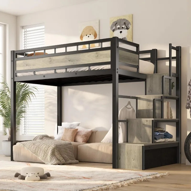 Twin Size Loft Bed w/Stairs, 53.5” Under-Space for Sofa and Desk