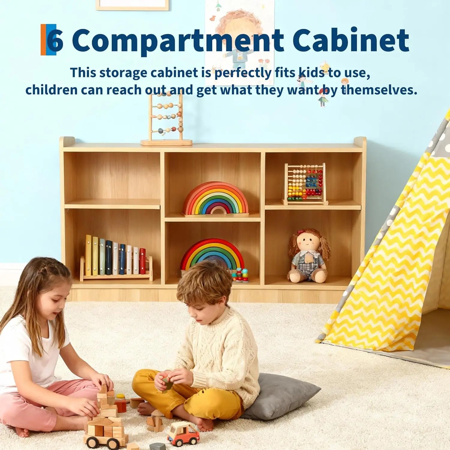6-Shelf Montessori Toy Organizer, Bookcase with Adjustable Dividers, Natural