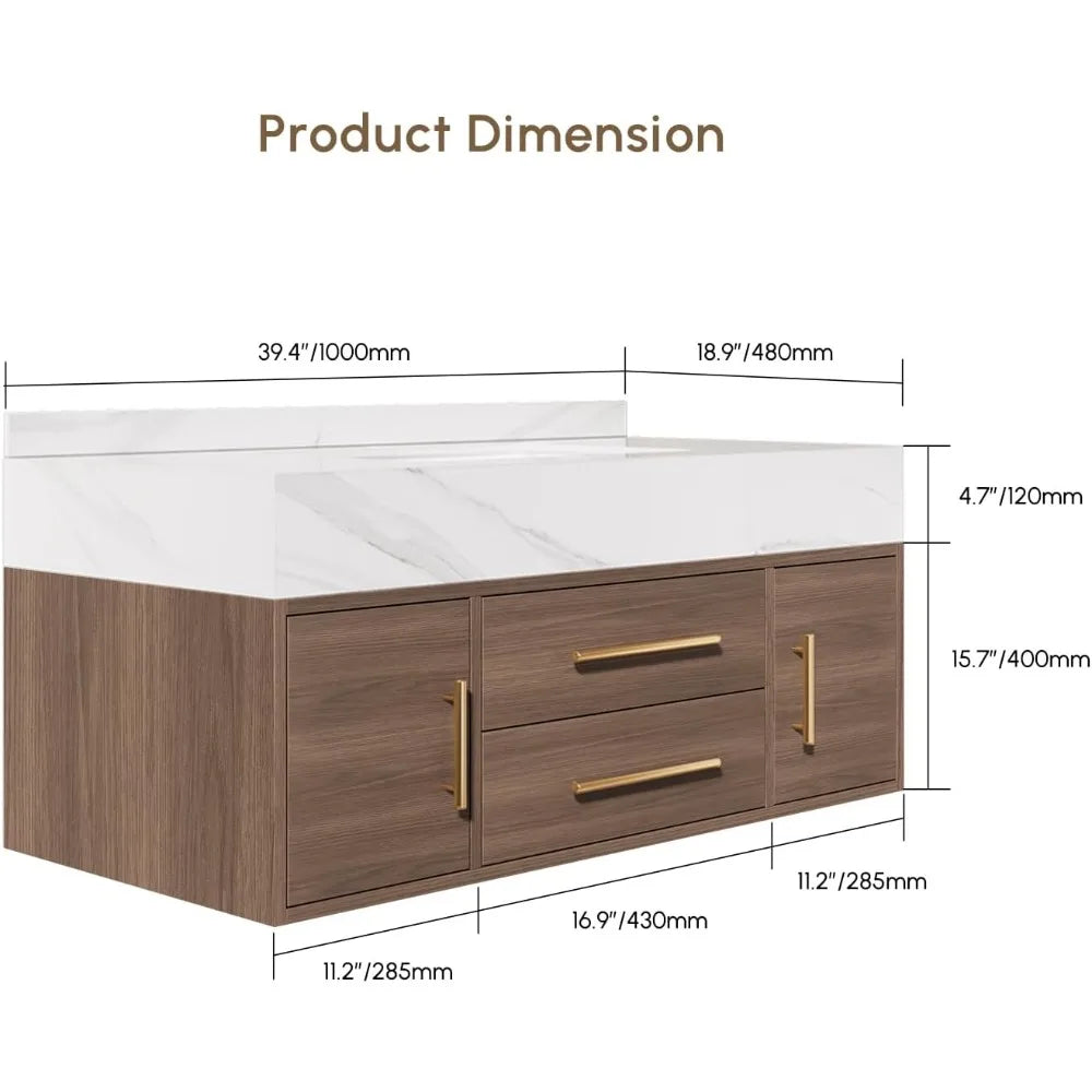 Floating Vanity, Sintered Stone Sink, 2 Drawers, 2 Walnut Doors