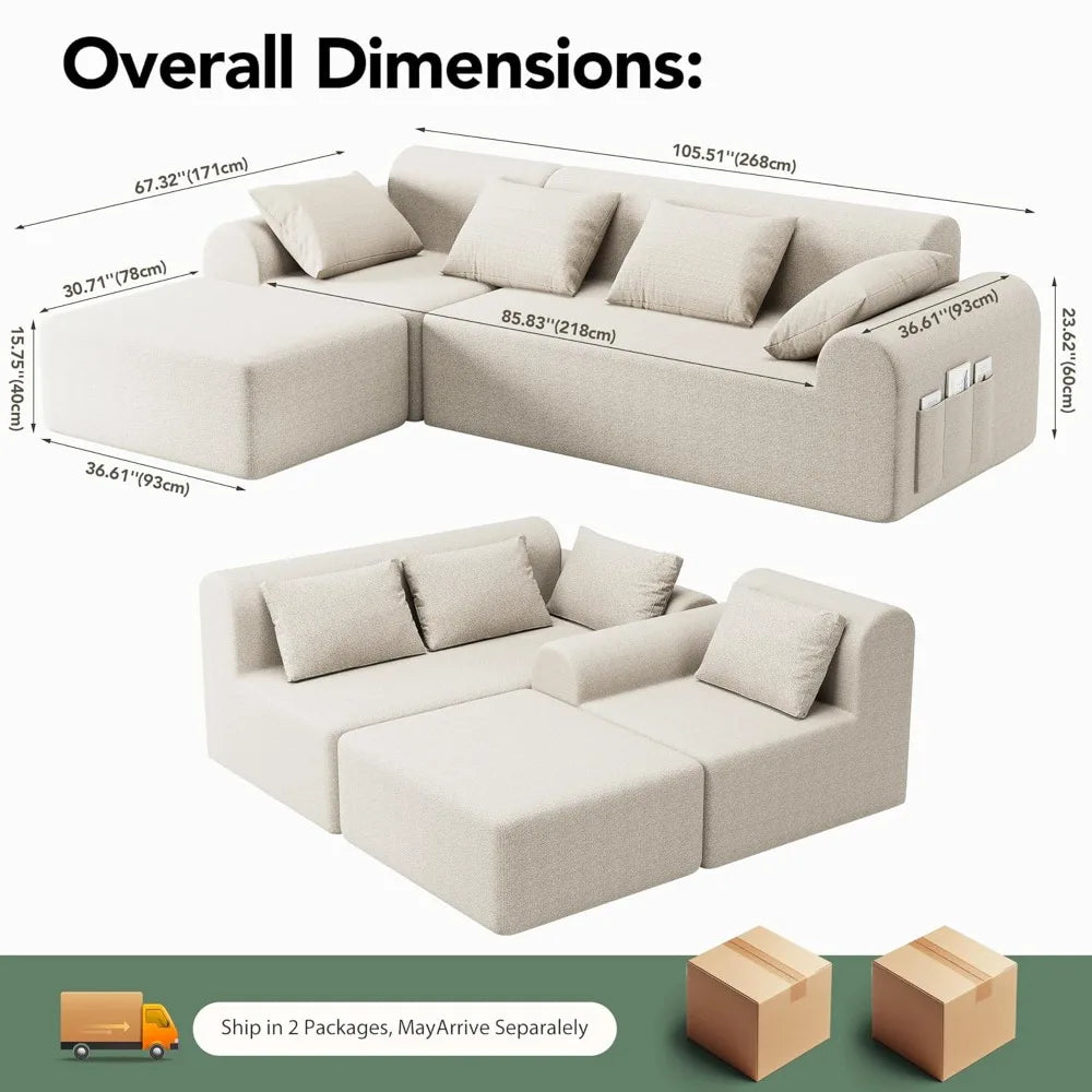 Cloud Boneless Sectional L-Shape 4-Seat Couch Ottoman 4 Pillows