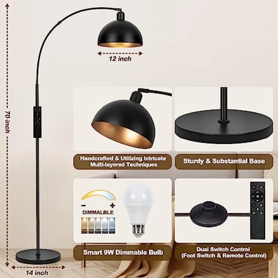 Dimmable Arched Floor Lamp Remote Control 2700-6000K 9W LED Bulb Included