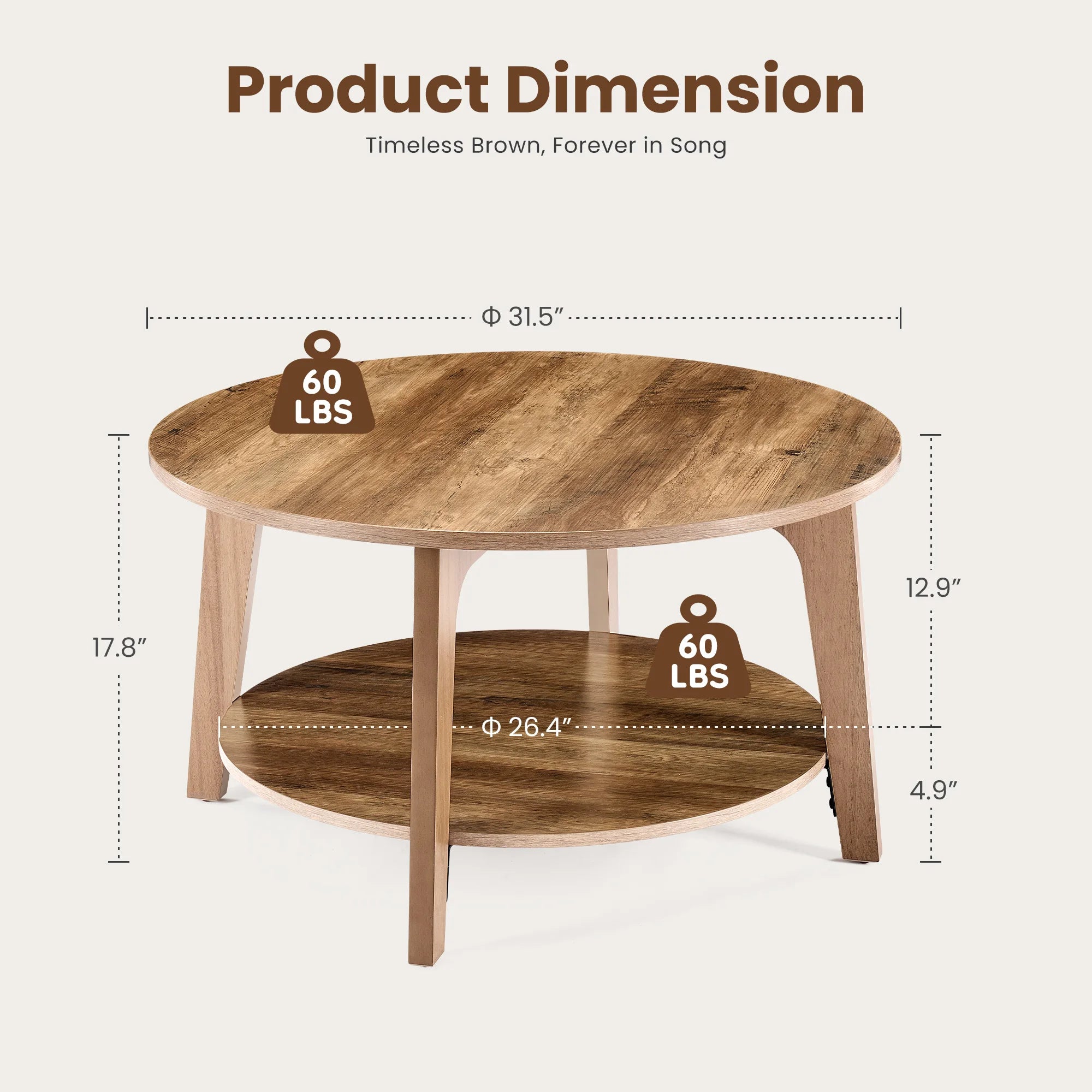 JHK 32IN Wood Round 2-Tier Coffee Table Storage 50 lbs