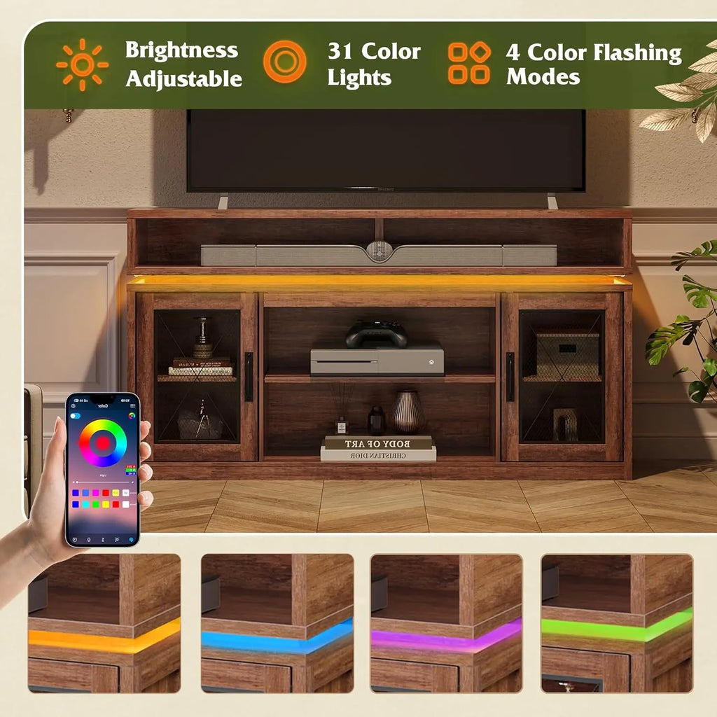 Farmhouse Entertainment Center for TV's Up to 65in, Cabinets, LED Lights