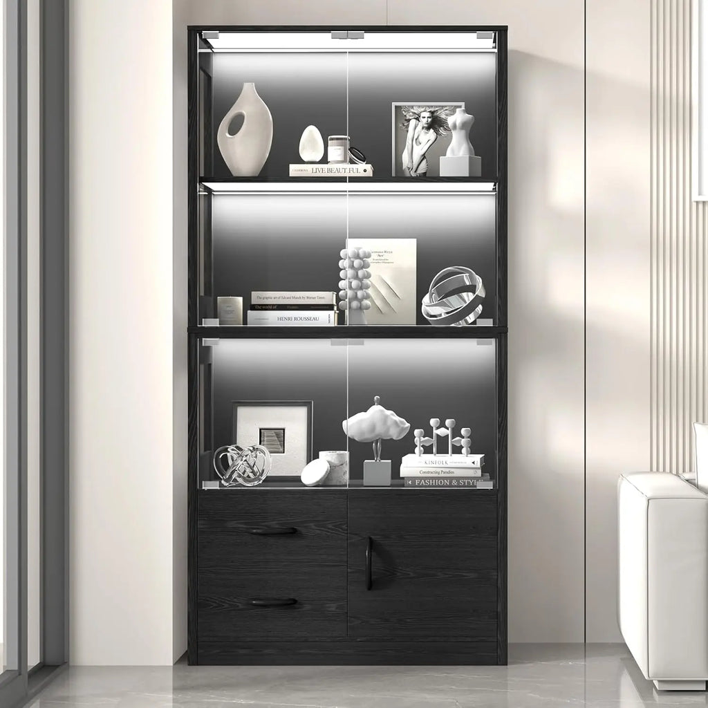 Display Glass Doors, 4-Tier Display 3-Color Lights, Human Body Sensor
