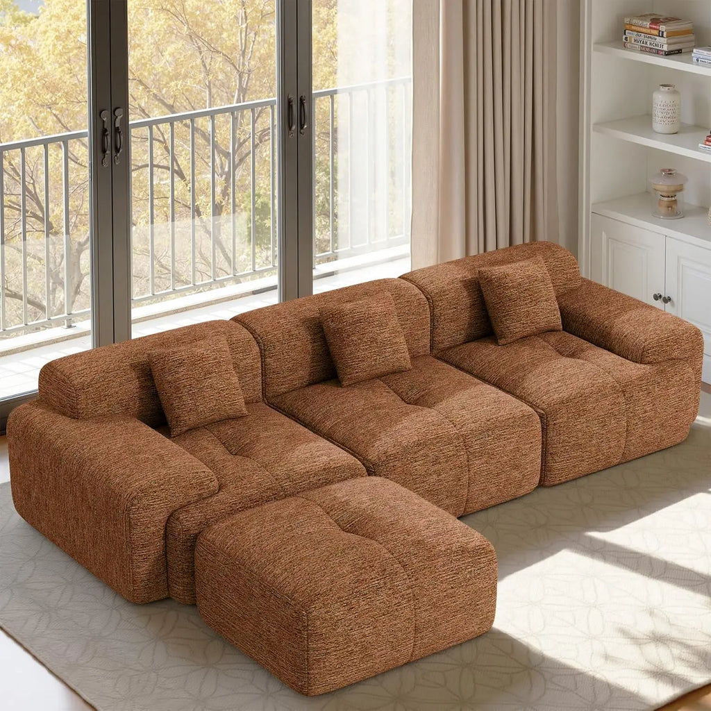 122" L Shaped Boneless Modular Cloud Couch Sectional, Ottoman, 4-Seat