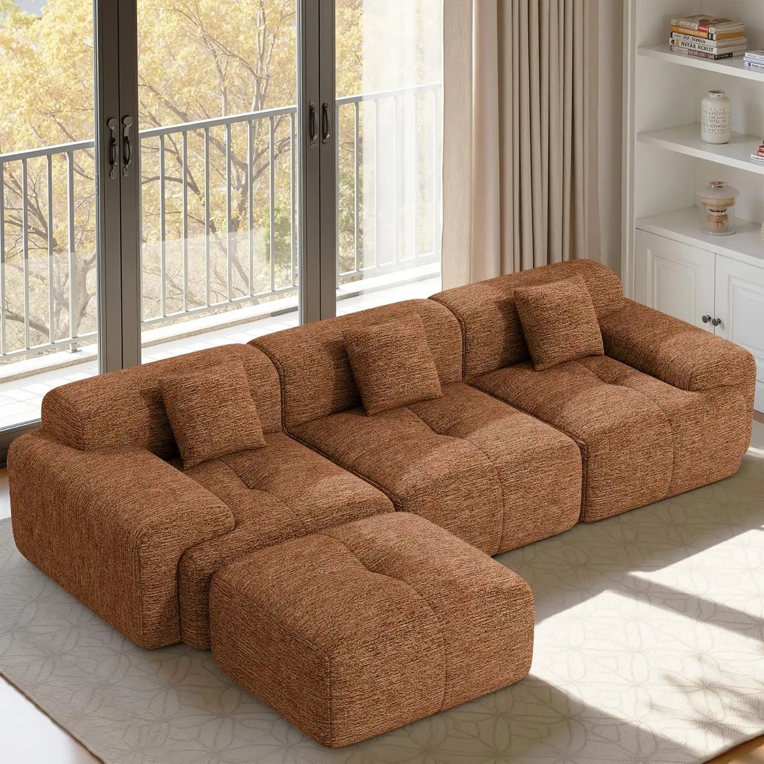 122" L Shaped Boneless Modular Cloud Couch Sectional, Ottoman, 4-Seat