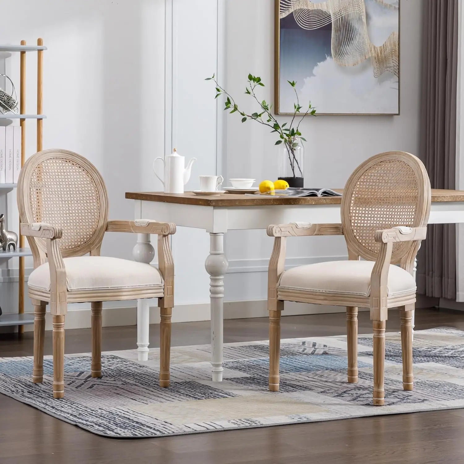 Set-of-2 French Round Back Upholstered Solid Wood Dining Chairs Armrest