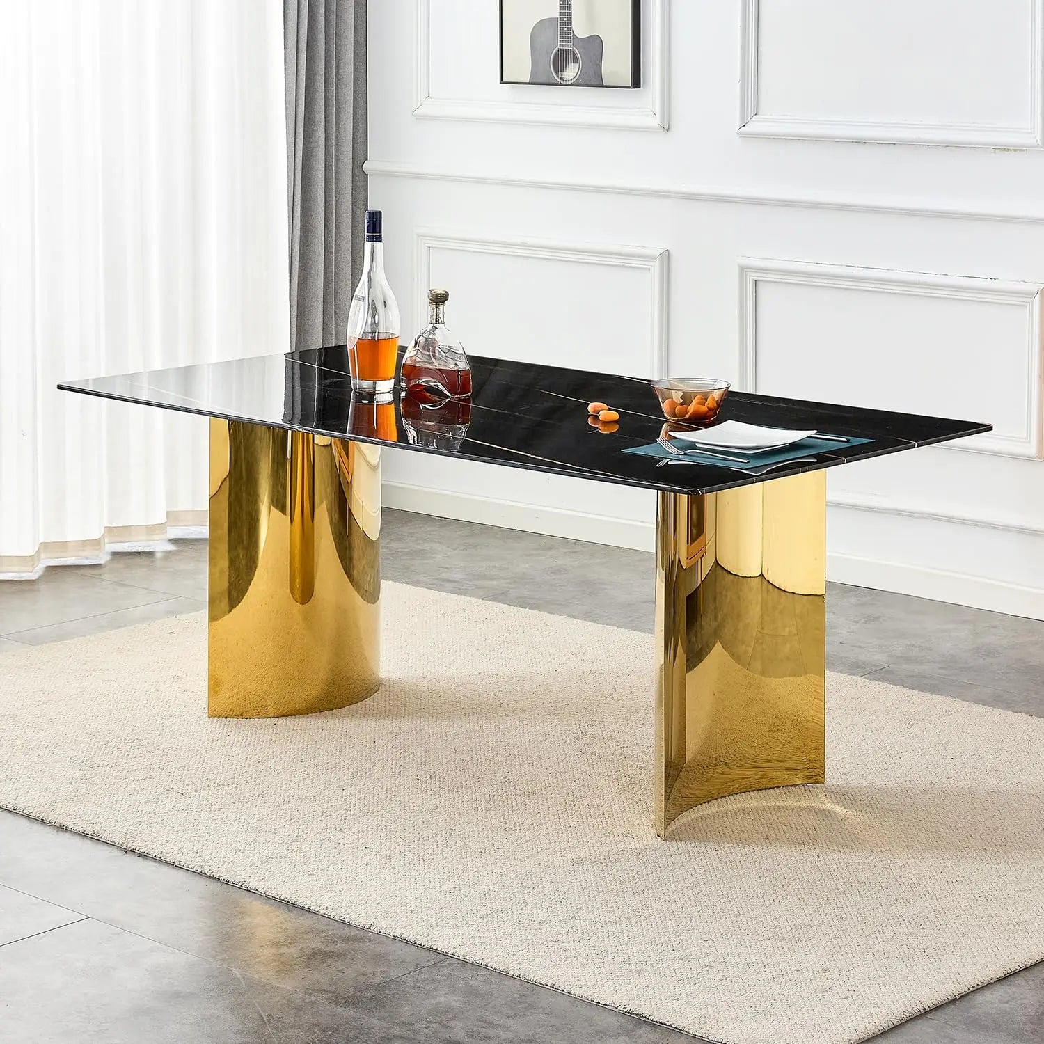 71IN Gold Table for 8, White Marble Golden Stainless Steel Base