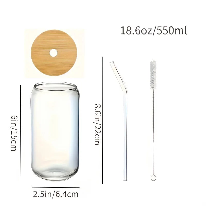 6pcs 18.6oz/550ml Drinking Glasses Bamboo Lids Glass Straw