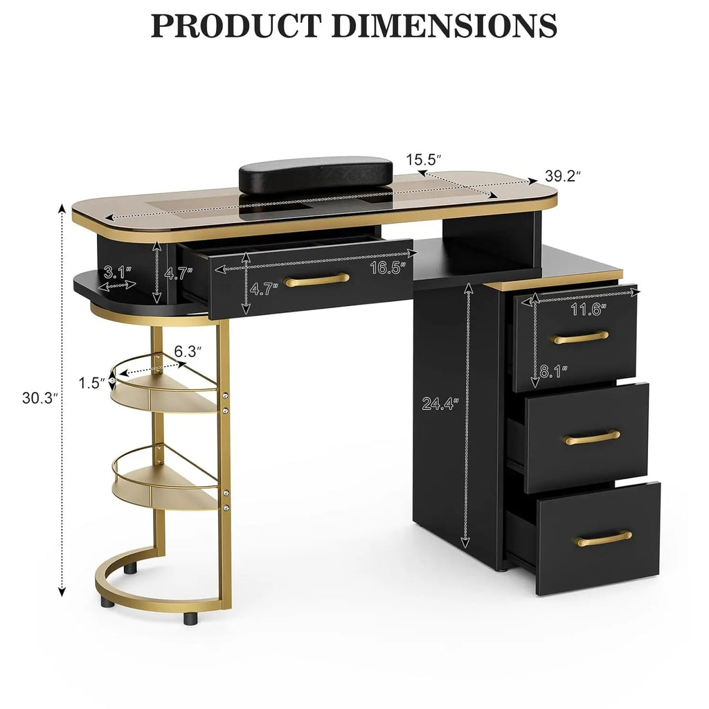 Table Glass Top 4 Drawers 2-Tier Storage Shelves