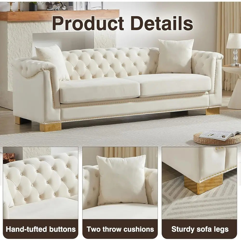 84IN Classic Chesterield Sofa - Velvet 3-Seater, Rolled Arms, Tuted Back & Studs