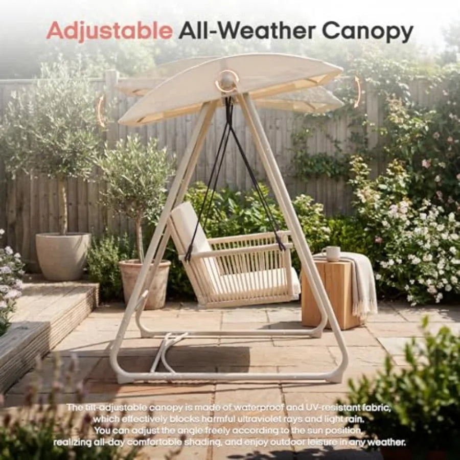 Patio Swing Chair Adjustable Canopy, Heavy-Duty Triangular Frame, Single Seat