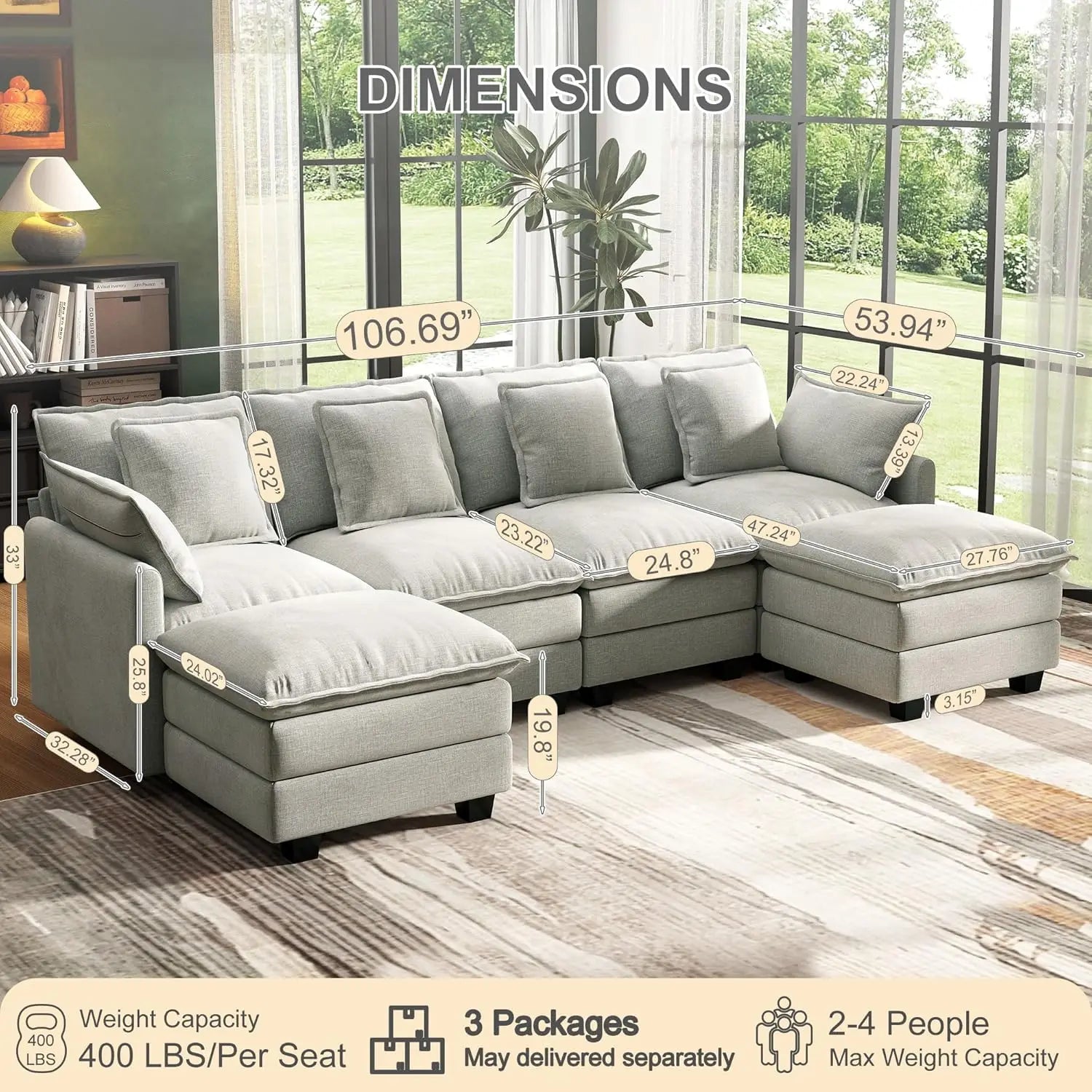107IN U-Shaped Modular Sectional, Deep 4 Seater, 6 Washable Pillows, 2 Ottoman
