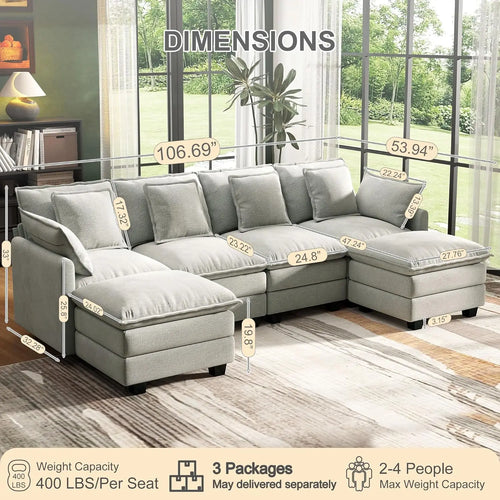 107IN U-Shaped Modular Sectional, Deep 4 Seater, 6 Washable Pillows, 2 Ottoman
