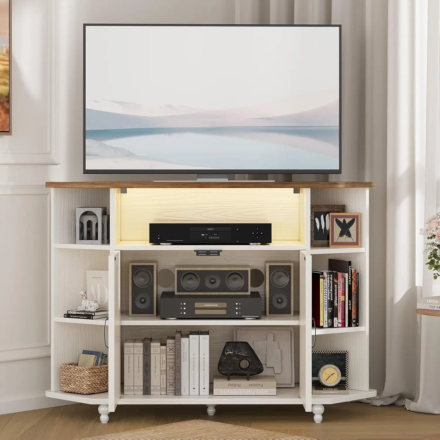 Corner Farmhouse Entertainment Center 50IN, LED Lights, Adjustable Shelves Barn Doors