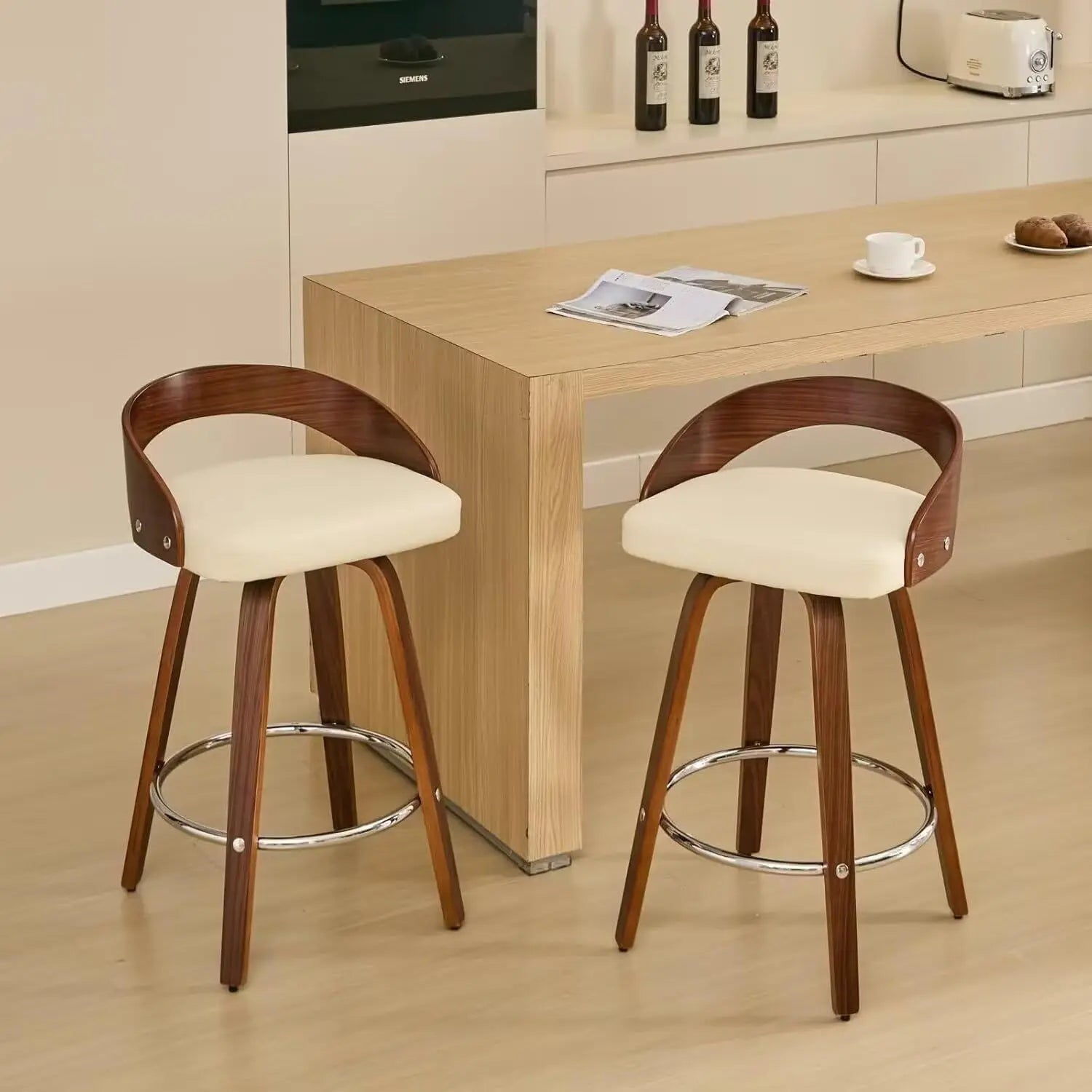 360° Swivel Bar Stools, Low Back Set-of-2, Cherry Wood, Beige PU Upholstered