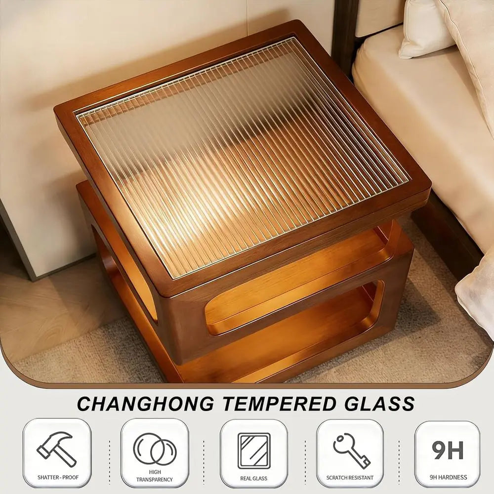 Walnut 3-Open Tier, Tempered Glass Top Nightstand, LED Light.