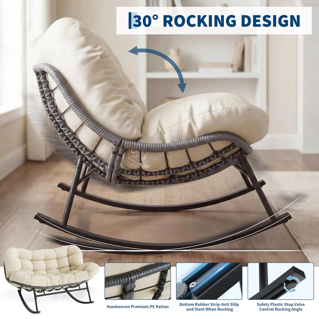Oversized Papasan Double Wicker Egg Patio Rocking Chair Set W/Ottoman