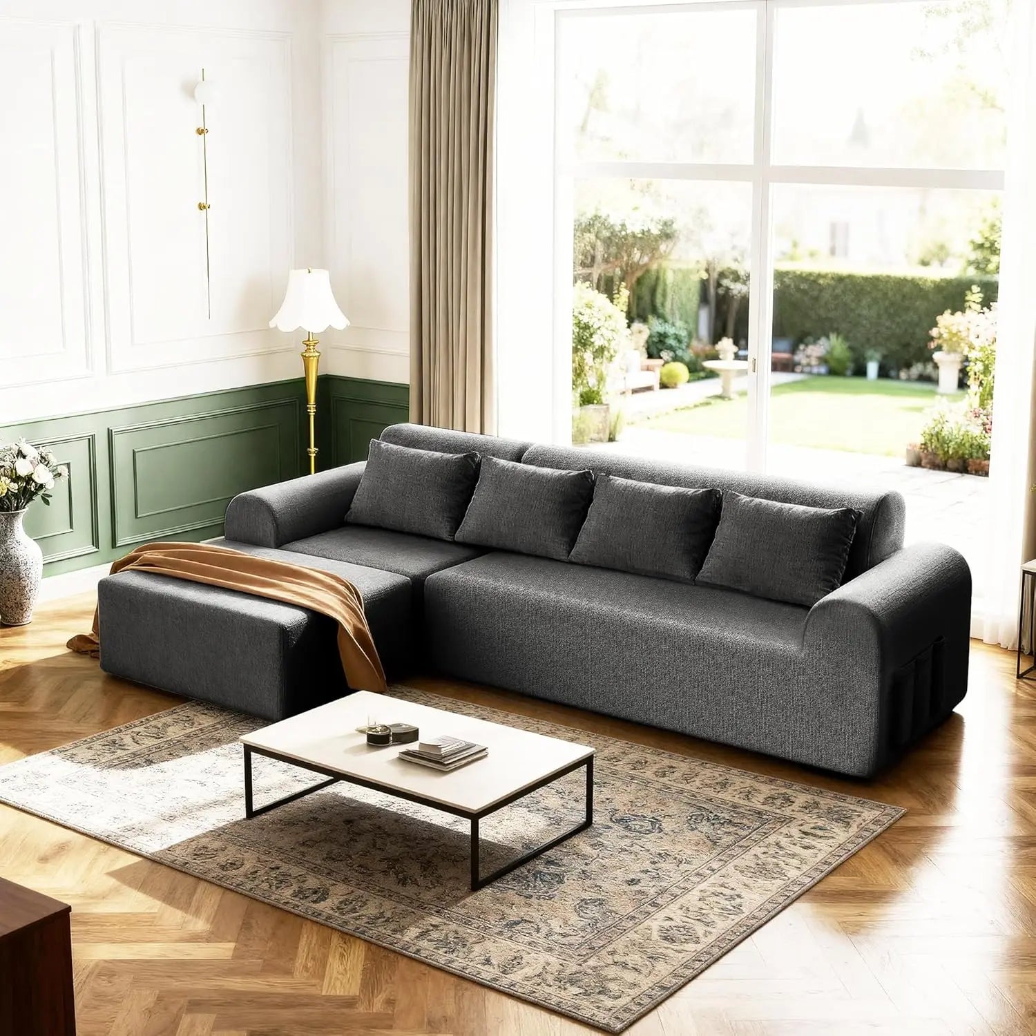 Cloud Boneless Sectional L-Shape 4-Seat Couch Ottoman 4 Pillows