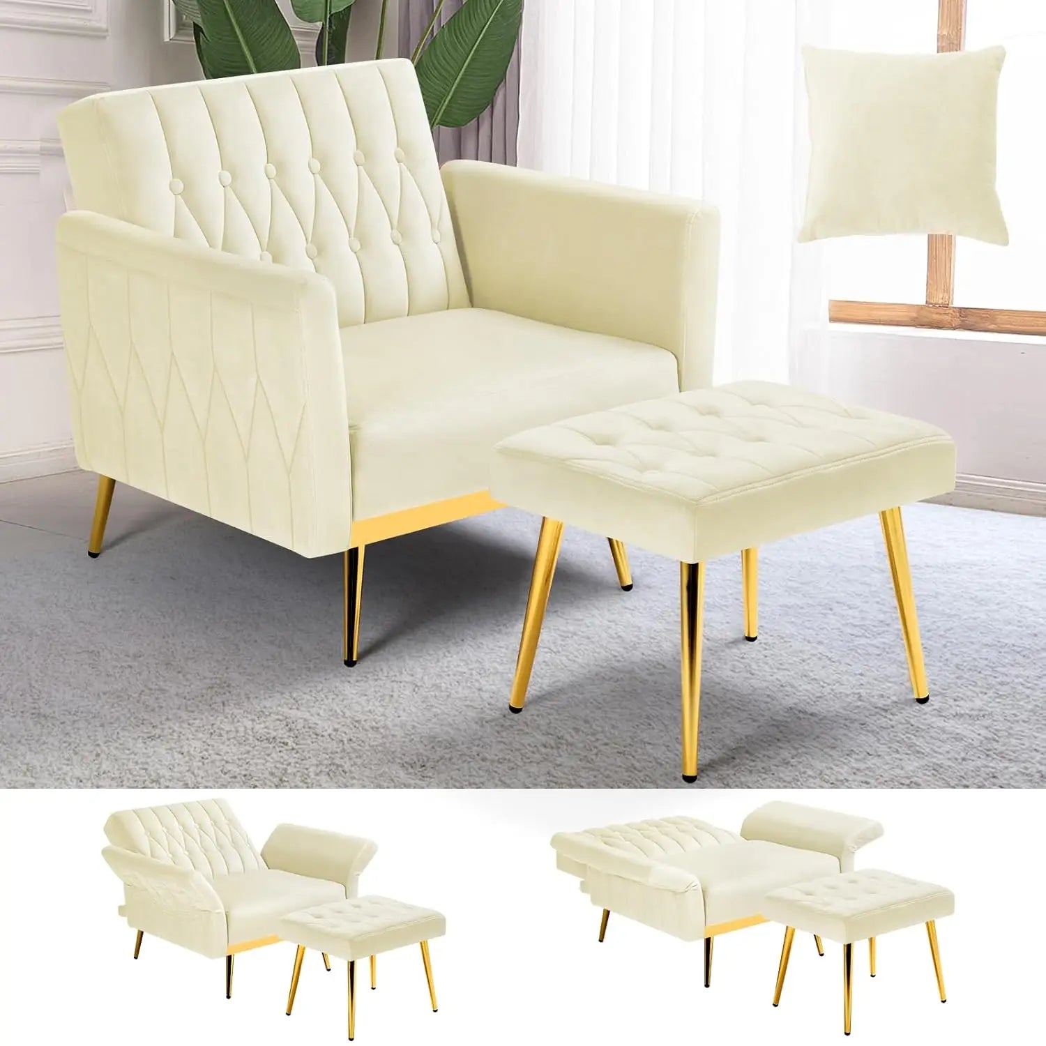 Velvet Recliner Chair Adjustable Armrests and Backrest, Button Tufted Chair