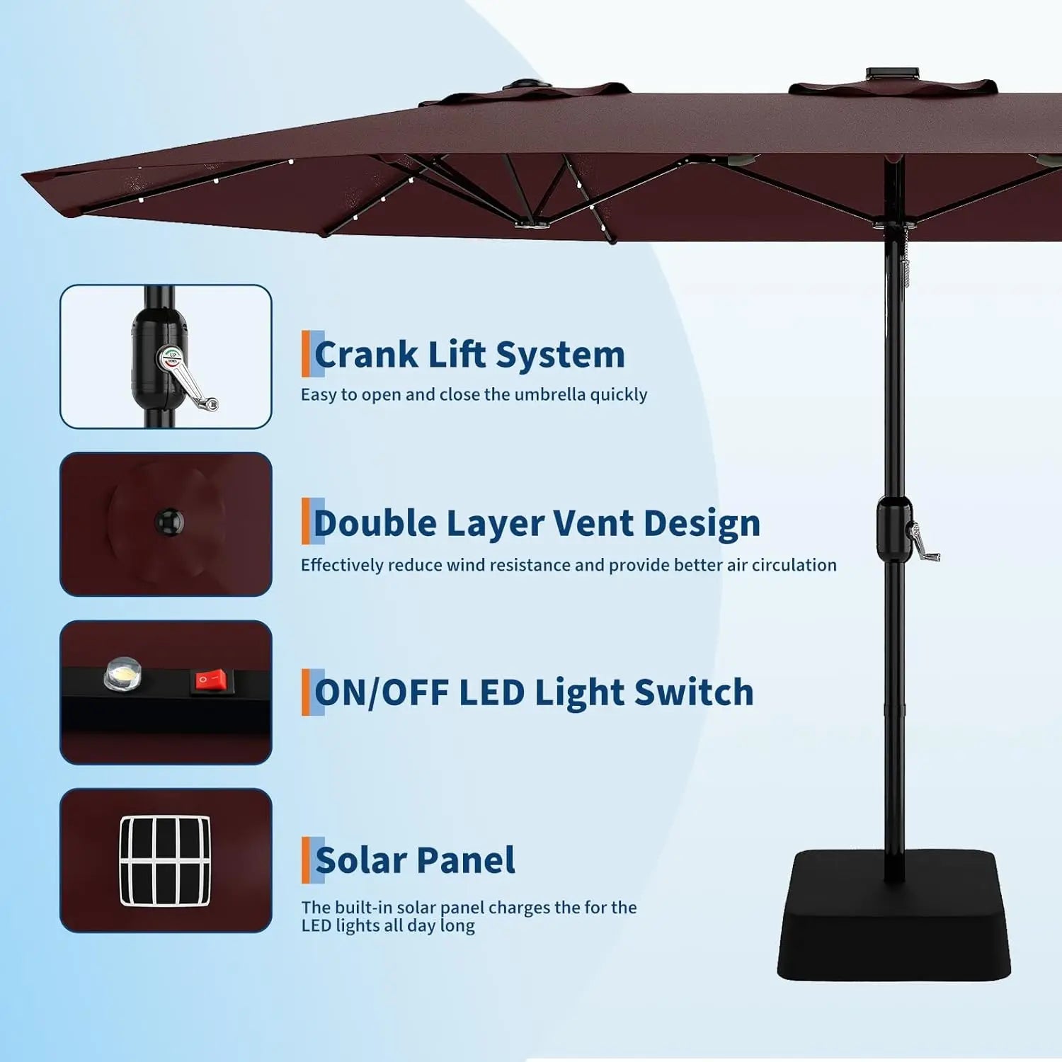 15Ft Rectangular Umbrella, Solar Lights 36 LED Lights, Base, Crank Handle