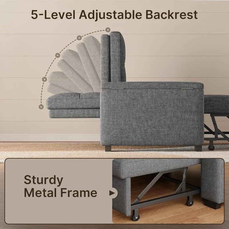 3-in-1 63.6'' Pull Out Couch w/Storage Armrests, Adjustable Backrest & Pocket