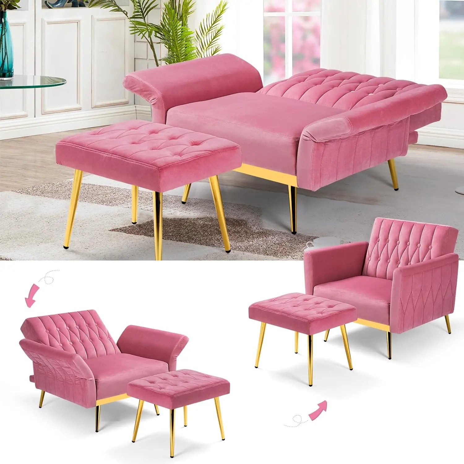 Velvet Recliner Chair Adjustable Armrests and Backrest, Button Tufted Chair