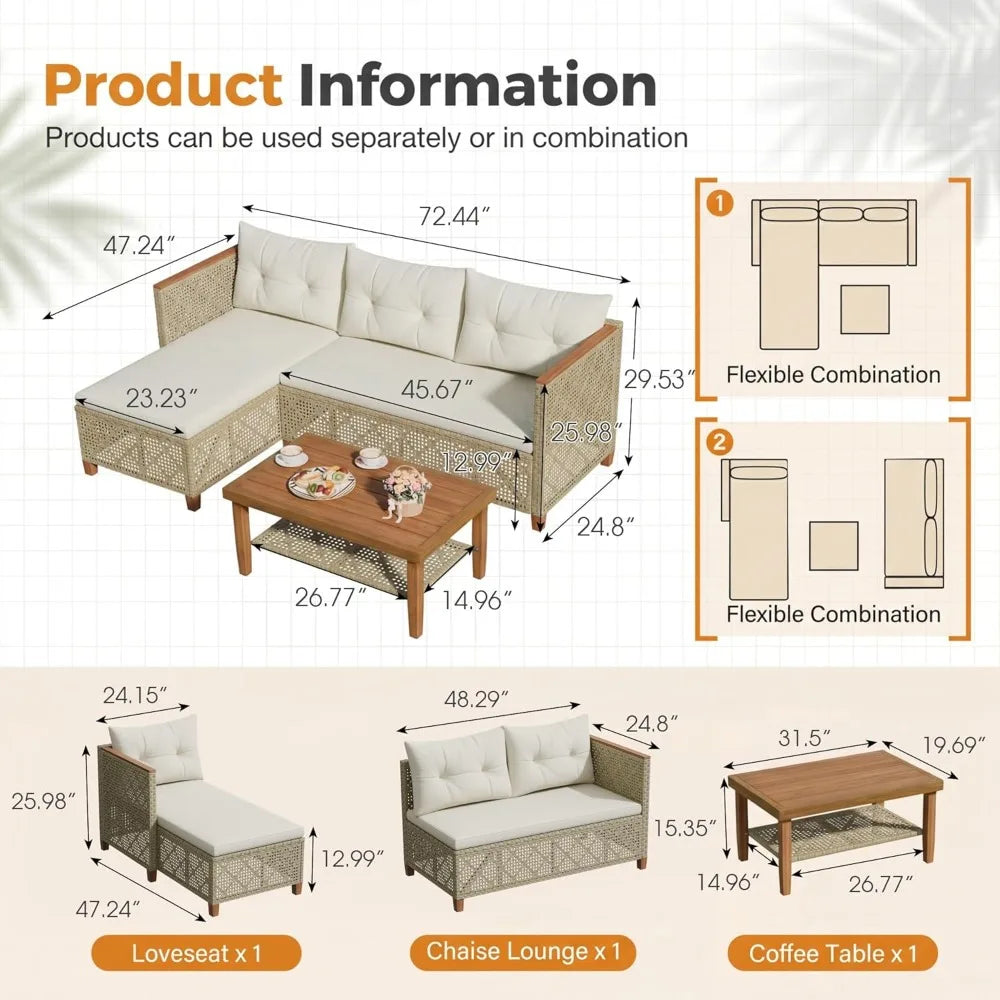 Small Sectional 3-Piece Wicker Patio Furniture Set, Tufted Pillow PE Rattan