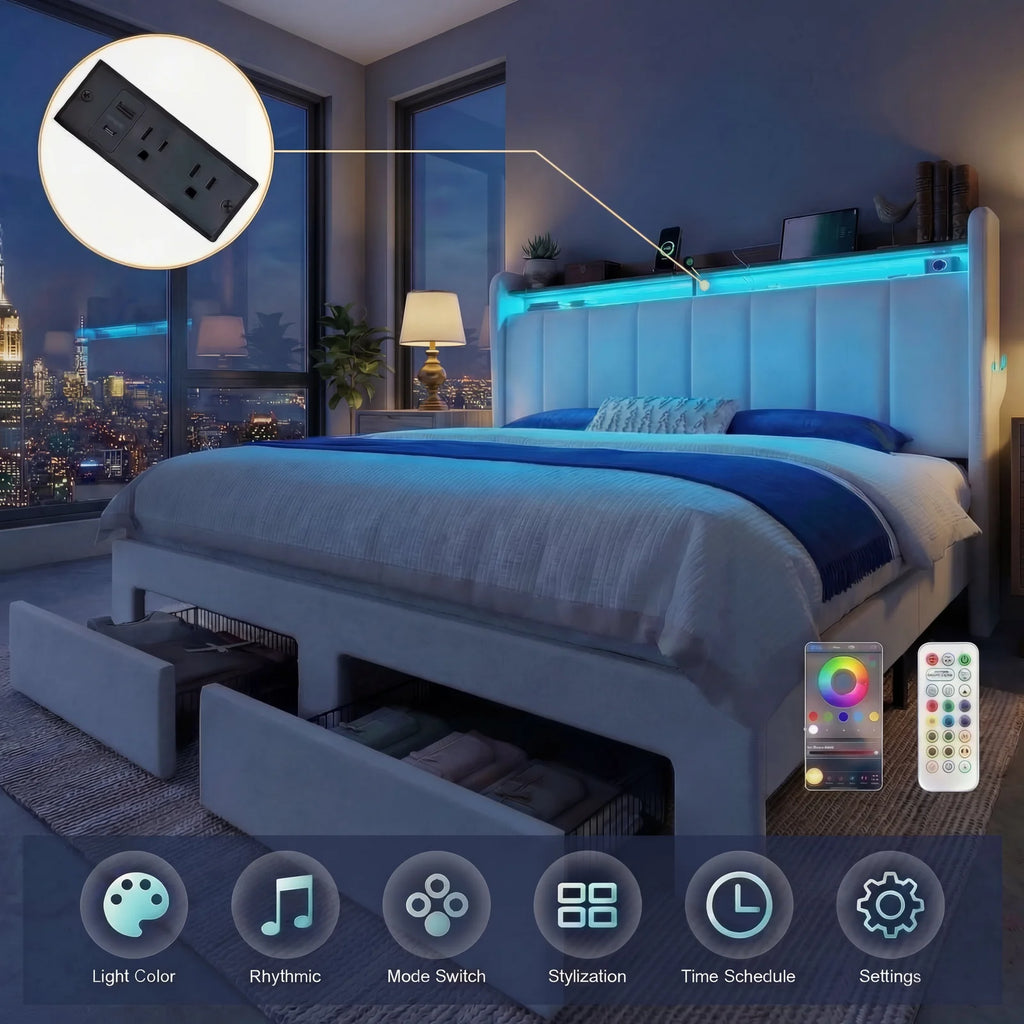 Full/Queen/King Bed Frame, 2-Drawer/2-Tier Shelves LED Lights, Charging Station, No Box Spring