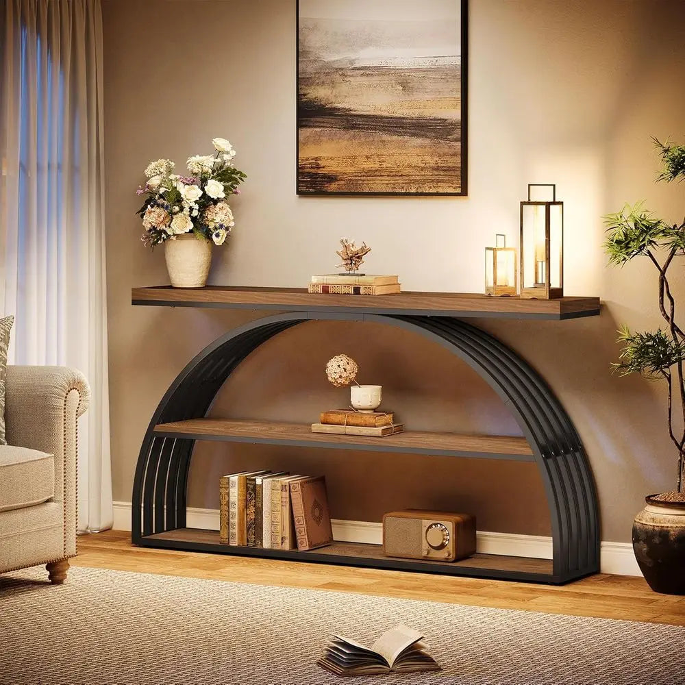 63-Inch Arched Table 3-Tier Shelf  Rustic Brown & Black