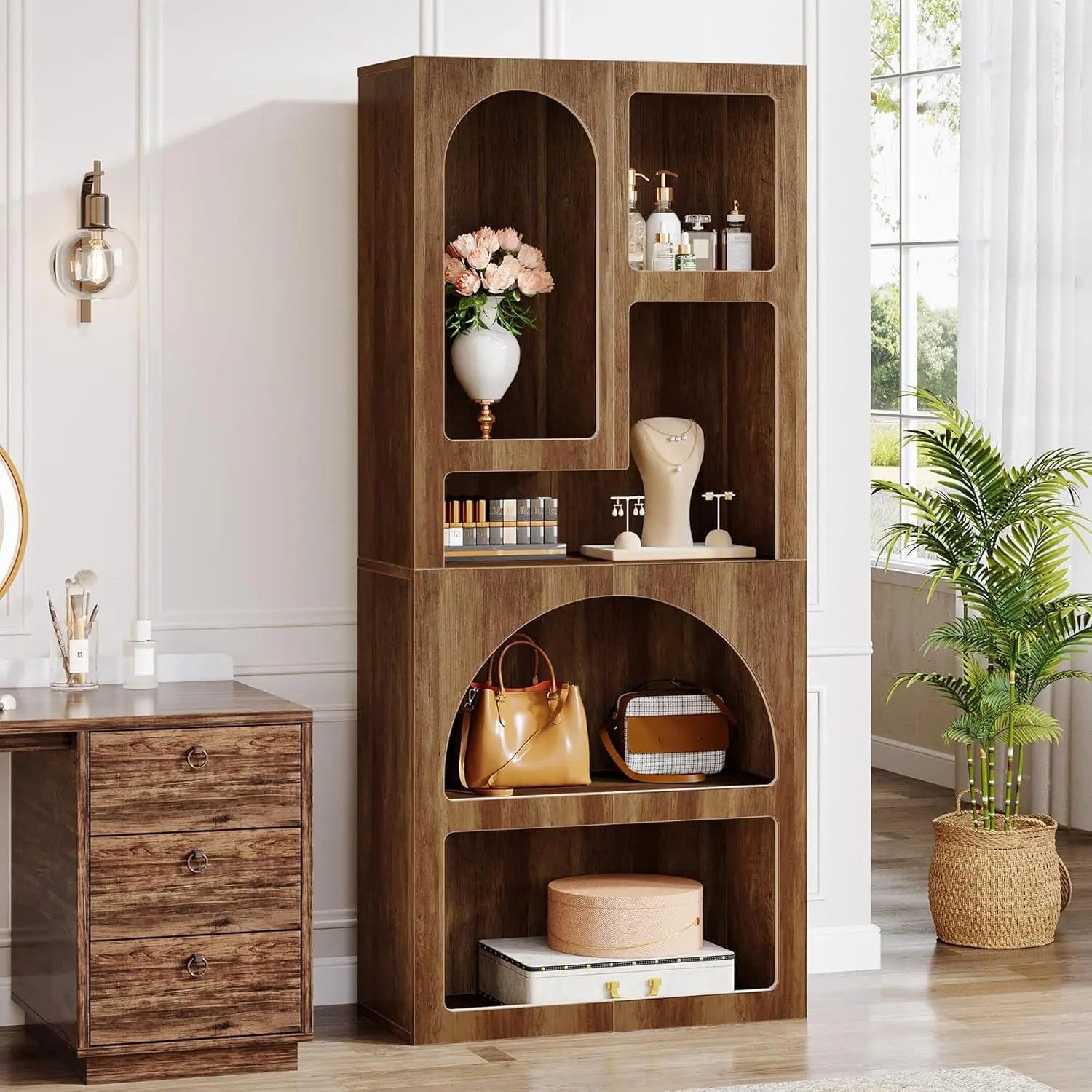 70.87" Tall Geometric Bookshelf, White Arched Bookcase, 5 Irregular Shelves